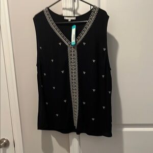 Black Daniel Rainn Sleeveless Top with White Embroidery